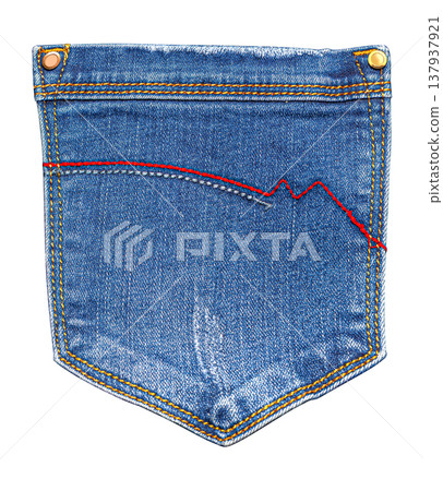 Blue denim jeans back pocket with red stitching 137937921
