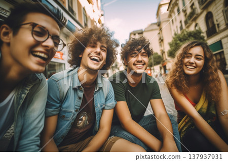 Group of multicultural friend spending time together. Generative AI 137937931