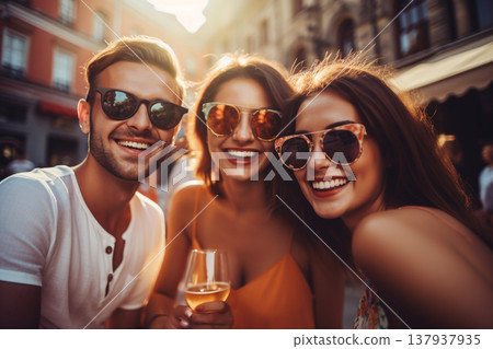 Group of multicultural friend spending time together. Generative AI Group of multicultural friend spending time together. Generative AI 137937935
