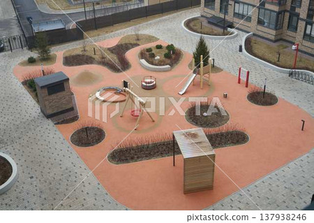 Modern city park. Minimalist playground with natural elements Modern city park. Minimalist playground with natural elements 137938246