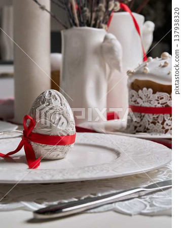 Sophisticated breakfast setting with intricate textures and accessories 137938320