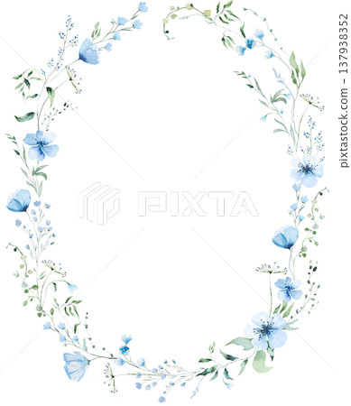 Oval floral wreath with blue watercolor wildflowers and leaves, hand drawn wedding illustration Oval floral wreath with blue watercolor wildflowers and leaves, hand drawn wedding illustration 137938352
