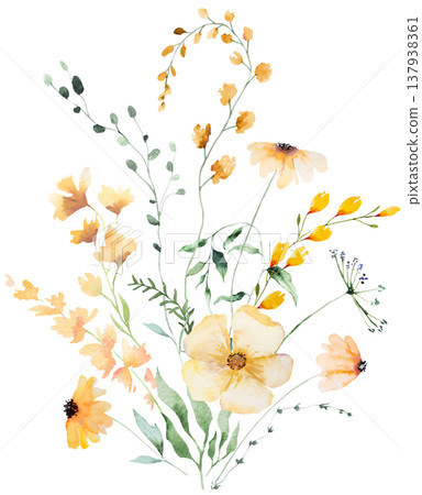 Floral bouquet with yellow watercolor wildflowers and leaves, hand drawn wedding illustration 137938361
