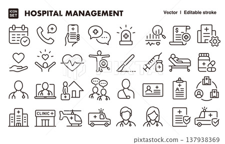 醫療機構營運管理圖示集（細線，向量素材）醫療、診所、醫院管理素材 137938369