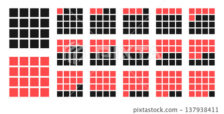 Square progress block chart set. Segmented grid diagrams and pixel percentage indicators for infographic, interface, app design or presentation. Vector illustration. Square progress block chart set. Segmented grid diagrams and pixel percentage indicators for infographic, interface, app design or presentation. Vector illustration. 137938411