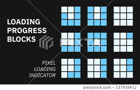 Loading progress blocks set. Square pixel loading indicators and segmented grid status icons for interface, web design, app animation or digital infographic. Vector illustration. Loading progress blocks set. Square pixel loading indicators and segmented grid status icons for interface, web design, app animation or digital infographic. Vector illustration. 137938412