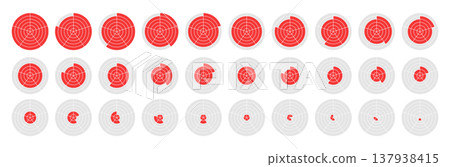 Radar progress chart set. Circular target diagrams and segmented radial percentage indicators for infographic, dashboard, data visualization or interface design. Vector illustration. Radar progress chart set. Circular target diagrams and segmented radial percentage indicators for infographic, dashboard, data visualization or interface design. Vector illustration. 137938415