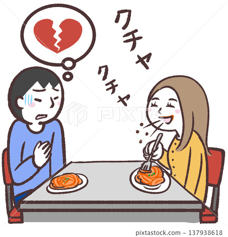 一幅插圖,描繪的是一位男士因女士咀嚼聲音過大而感到失望。 一幅插圖,描繪的是一位男士因女士咀嚼聲音過大而感到失望。 137938618