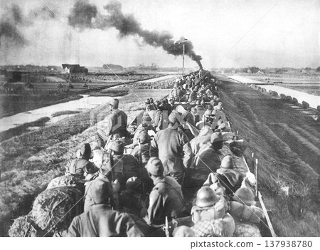 Old photograph, December 1937, during the Second Sino-Japanese War: Japanese Army soldiers traveling by train towards Hangzhou. Old photograph, December 1937, during the Second Sino-Japanese War: Japanese Army soldiers traveling by train towards Hangzhou. 137938780