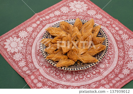 Crimean Tatar Baklava, a traditional pastry in plate. Sweet diamond shapes food. Tradition sweets dessert for Ramazan 137939012