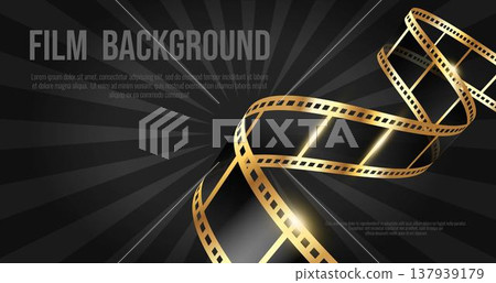 Film frame banner with golden curved filmstrip. Movie film concept. Vector illustration Film frame banner with golden curved filmstrip. Movie film concept. Vector illustration 137939179