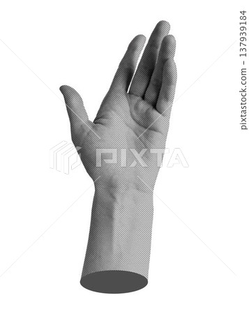 Halftone female hand with open palm in reaching gesture. Realistic vector hand outstretched arm palm up isolated on white background Halftone female hand with open palm in reaching gesture. Realistic vector hand outstretched arm palm up isolated on white background 137939184