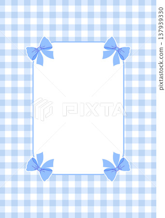 Blue gingham frame with corner bows. Elegant checkered border template for invitations, cards, and digital stationery. Blue gingham frame with corner bows. Elegant checkered border template for invitations, cards, and digital stationery. 137939330