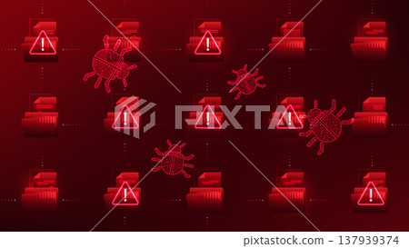 Technology background digital document files with security alerts for malware, viruses, and phishing attacks, representing cyber threat detection, data protection, cybersecurity warning systems 137939374