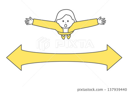 A woman in a suit with her arms outstretched to the sides, looking upwards, with arrows extending to the left and right | Top view A woman in a suit with her arms outstretched to the sides, looking upwards, with arrows extending to the left and right | Top view 137939440