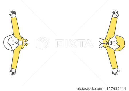 A frame showing a man and woman in suits with their arms outstretched and looking upwards | Top-down view 137939444