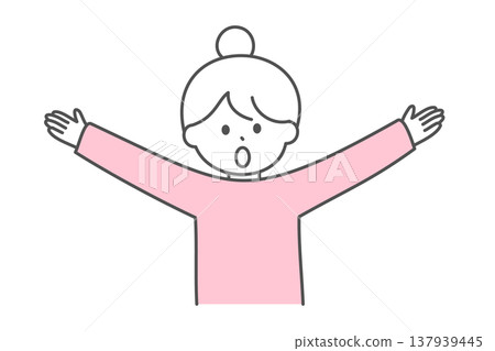 An illustration of the upper body of a young woman with a surprised expression, spreading both arms diagonally upwards. An illustration of the upper body of a young woman with a surprised expression, spreading both arms diagonally upwards. 137939445