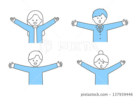 A set of illustrations of young men and women with their arms outstretched to the sides. A set of illustrations of young men and women with their arms outstretched to the sides. 137939446