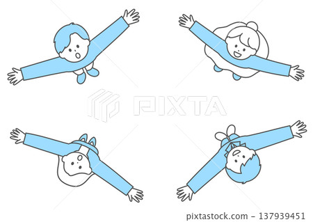 畫面中，一男一女放鬆地伸展雙臂，仰望天空 | 俯視圖 137939451