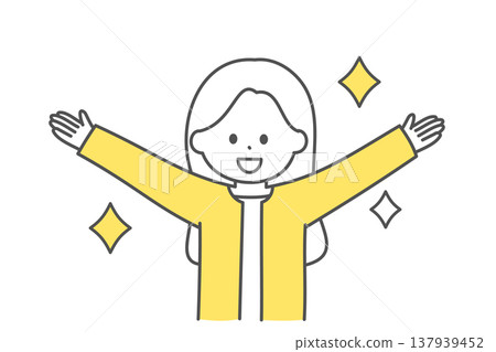 一位微笑的女商人的上半身插圖，雙臂向上斜舉。 137939452