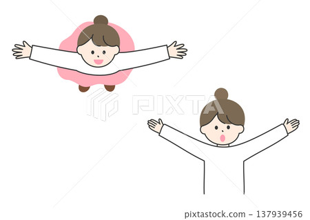 A young woman with her arms outstretched | Front view and top view 137939456