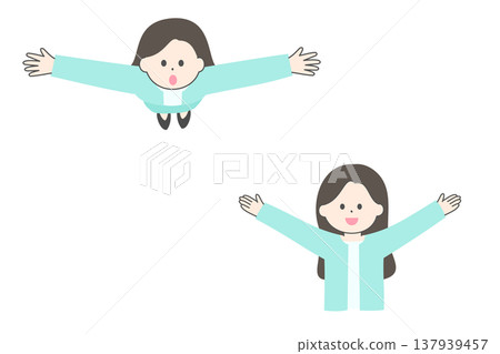 Woman in a suit with arms outstretched | Front view and top view 137939457