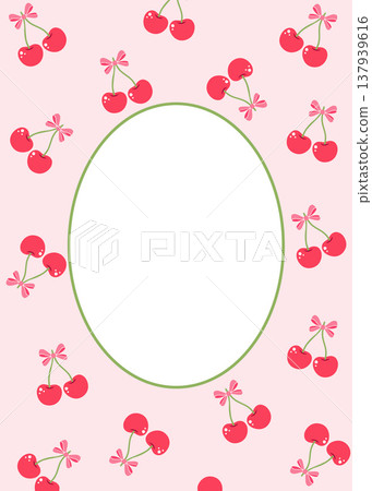 Oval cherry frame template with pink bows on a pastel background. Cute summer border for invitations and greeting cards. 137939616