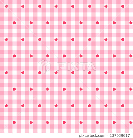 Seamless pink gingham pattern with small red hearts. Plaid checkered background for Valentine's Day and nursery. 137939617