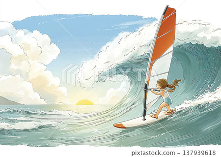 Illustration of a young woman enjoying windsurfing on the sea at sunset. 137939618