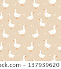 Seamless pattern with white geese and butterflies on a light background. 137939620