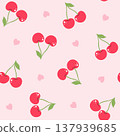 Seamless pattern with red cherries and pink hearts on light pink background, romantic repeat print 137939685