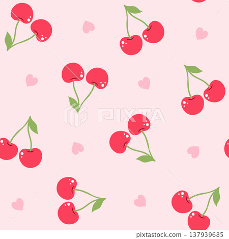 Seamless pattern with red cherries and pink hearts on light pink background, romantic repeat print 137939685