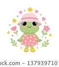 Frog girl in a pink dress and hat with flowers. Kawaii animal character illustration on white background. 137939710