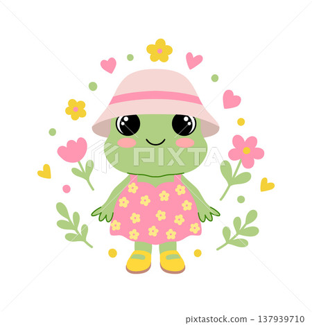 Frog girl in a pink dress and hat with flowers. Kawaii animal character illustration on white background. Frog girl in a pink dress and hat with flowers. Kawaii animal character illustration on white background. 137939710