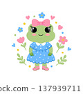 Frog girl character in a blue polka dot dress with flowers. Kawaii animal vector illustration for design projects. 137939711