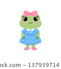 Frog girl cartoon character wearing a blue polka dot dress and a pink hair bow isolated on white background. 137939714