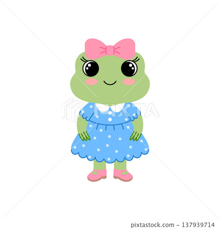 Frog girl cartoon character wearing a blue polka dot dress and a pink hair bow isolated on white background. 137939714