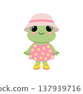 Frog girl character in a pink floral dress and sun hat. Kawaii animal illustration on white background. 137939716