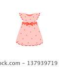 Pink polka dot baby girl dress with bow and scallop trim, flat cartoon illustration on white background 137939719