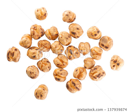 Roasted chickpea isolated on white background. Handful of crunchy roasted chickpeas snack. Clipping path. Top view. 137939874