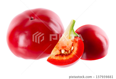 Sweet round peppers isolated on white background. Ripe round red paprika. Clipping path. Sweet round peppers isolated on white background. Ripe round red paprika. Clipping path. 137939881