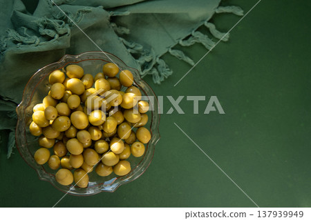 Green olives fruit close up top view, food background copy space Green olives fruit close up top view, food background copy space 137939949