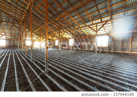 Open Attic With Timber Framework. Expansive Attic Area Featuring Wooden Trusses And Potential Uses 137940189