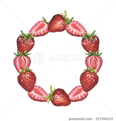 Strawberry wreath. Watercolor round frame of whole and halved strawberries. Round frame template of juicy red strawberries for text placement on yogurt, tea, jam, and cosmetics labels 137940297