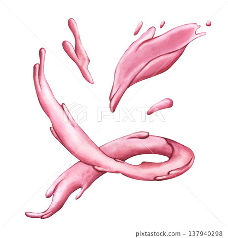 Splashes of pink water flying in all directions. Watercolor illustration of pink splashes of strawberry yogurt or juice. Illustration of flying liquid for labels of yogurt, tea, jam, and cosmetics 137940298
