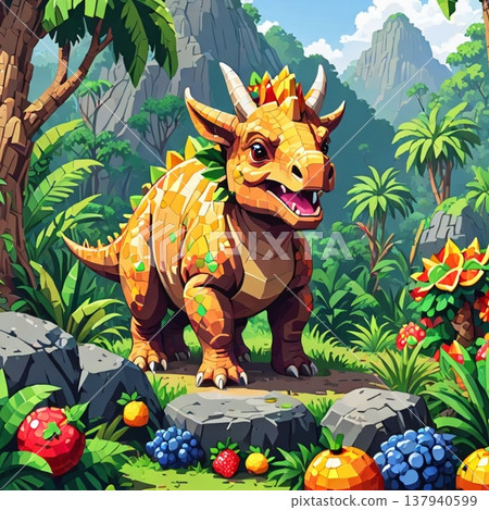 可愛的恐龍和三角龍像素畫（LINE貼圖風格） 137940599