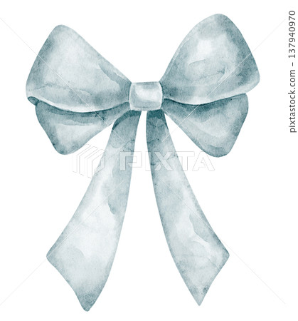 Bow watercolor illustration of pastel blue Ribbon, tied knot and soft fabric texture. Vintage accessory on isolated background for baby shower invitations or greeting cards. Art for party design. 137940970