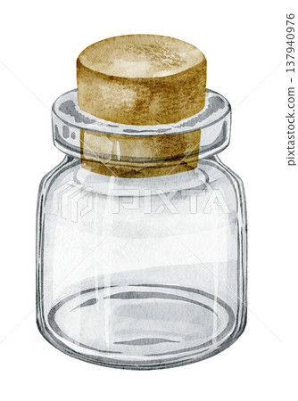 Bottle watercolor illustration of transparent glass jar with cork lid and vintage form. Container on isolated background for packaging design, cosmetic branding, apothecary labels and craft projects. Bottle watercolor illustration of transparent glass jar with cork lid and vintage form. Container on isolated background for packaging design, cosmetic branding, apothecary labels and craft projects. 137940976