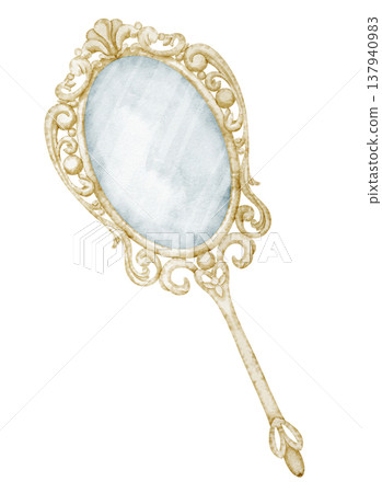 Mirror watercolor illustration. Art of ornate hand accessory with oval glass and carved vintage frame, decorative handle and antique style. Element on isolated background for beauty design. 137940983