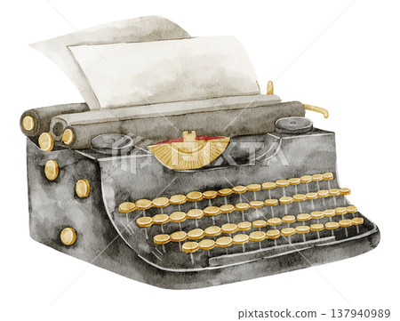 Typewriter watercolor illustration of vintage typing machine with round keys and paper sheet, classic writing device. Retro office object on isolated background for editorial design. Typewriter watercolor illustration of vintage typing machine with round keys and paper sheet, classic writing device. Retro office object on isolated background for editorial design. 137940989